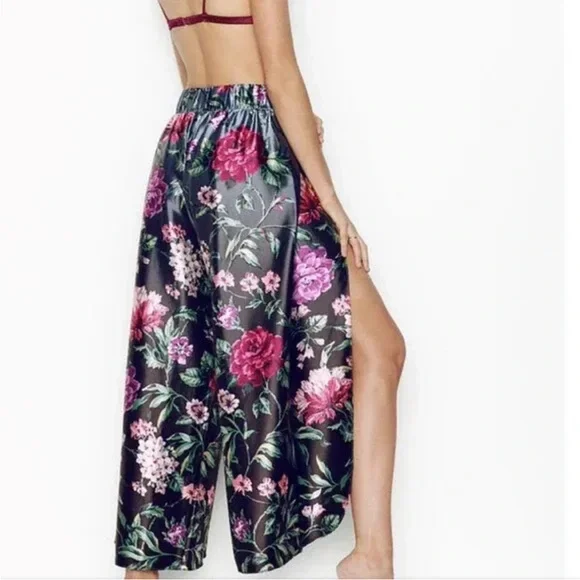 VICTORIA SECRET Floral Satin WIDE LEG TULIP Pants PAJAMA BOTTOM LOUNGE LK NEW XL - Picture 9 of 13
